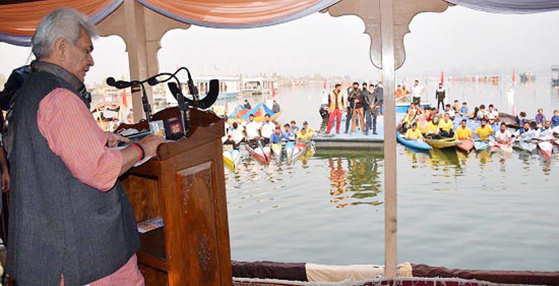 Lt Governor Manoj Sinha inaugurating Water Sports Centre at Nehru Park, Dal lake on Wednesday.